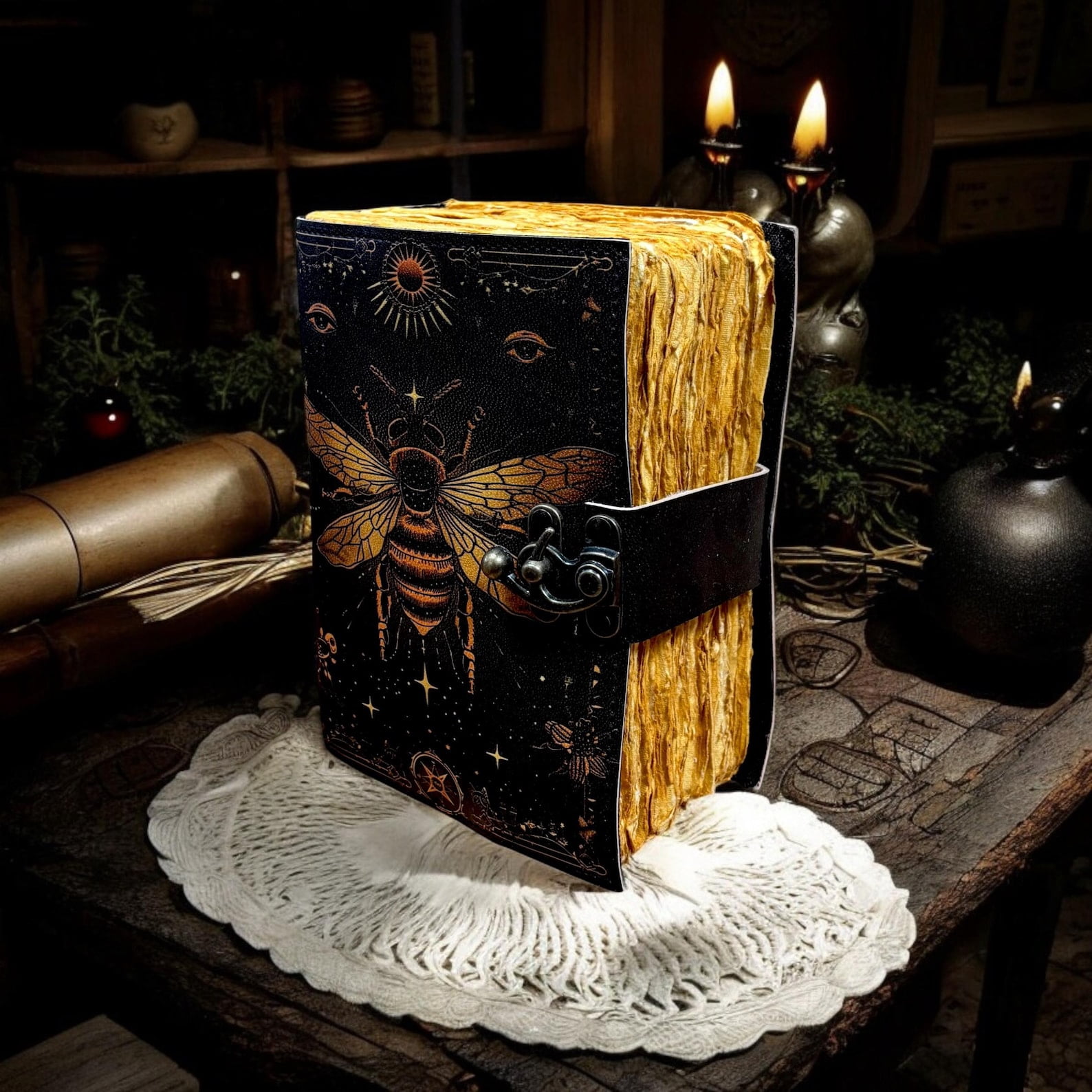 Mystical Bee Leather Journal Celestial Spell Book, 200 Page Notebook