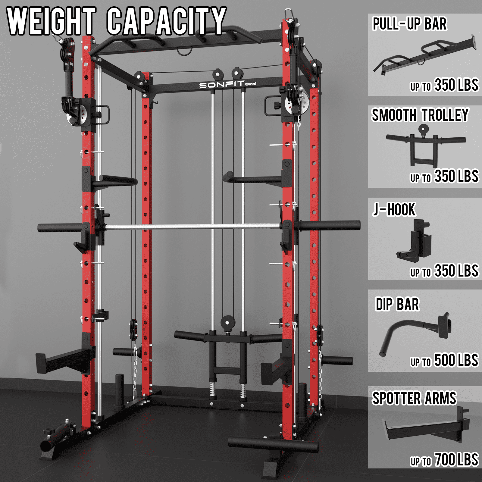 Eonfit E3 Smith Machine with 3D Rotating Arm for Home Gym Equipment, Multi-Function Power Cage Squat Rack with Cable Crossover LAT Pulldown Pulley System All in One (E3 RED PRO)