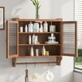 thumbnail image 2 of GZXS 24.8" Wall-Mounted Solid Wood Cabinet with 2 Fluted Glass Doors, 3-Tier Vintage Storage Organizer with Removable Shelves and Towel Rod for Bathroom, Kitchen, Entryway (Brown), 2 of 10