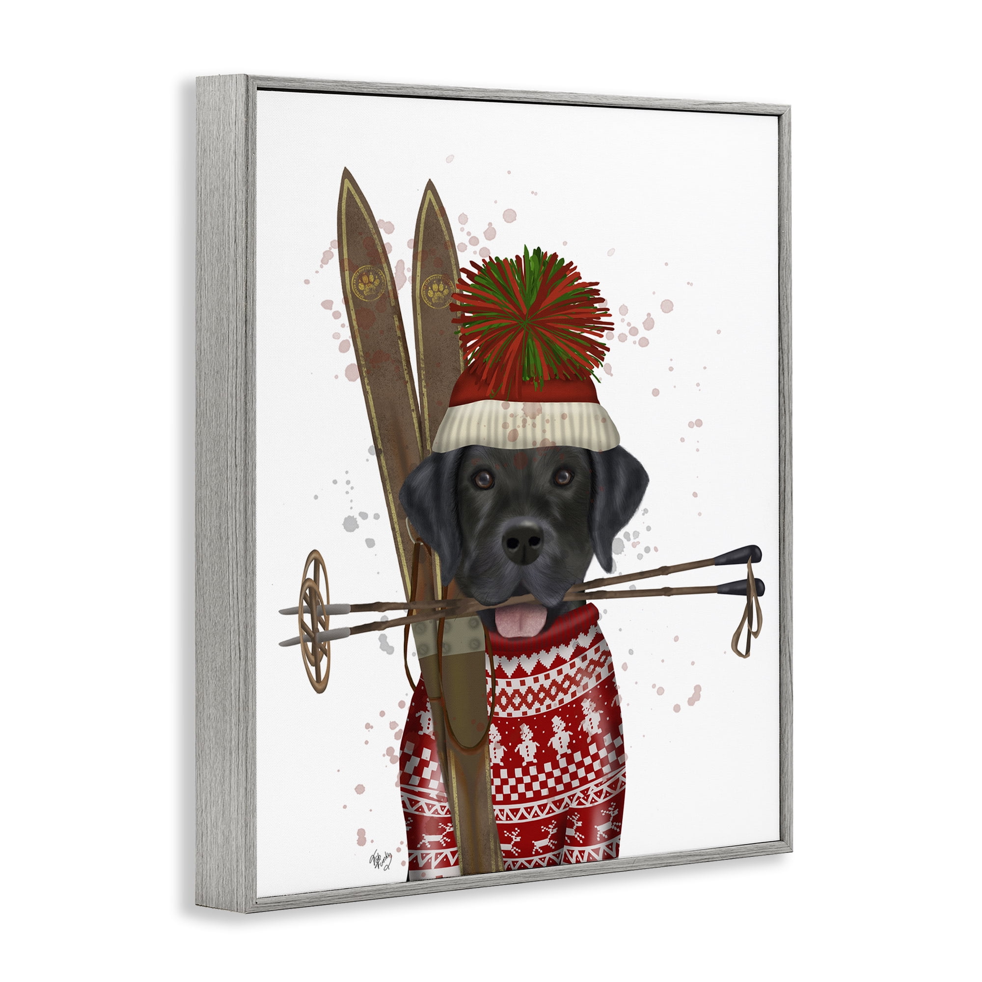 Stupell Industries Black Labrador Skiing Animals & Insects Painting Gray Framed Art Prints Wall Art, 24 x 30