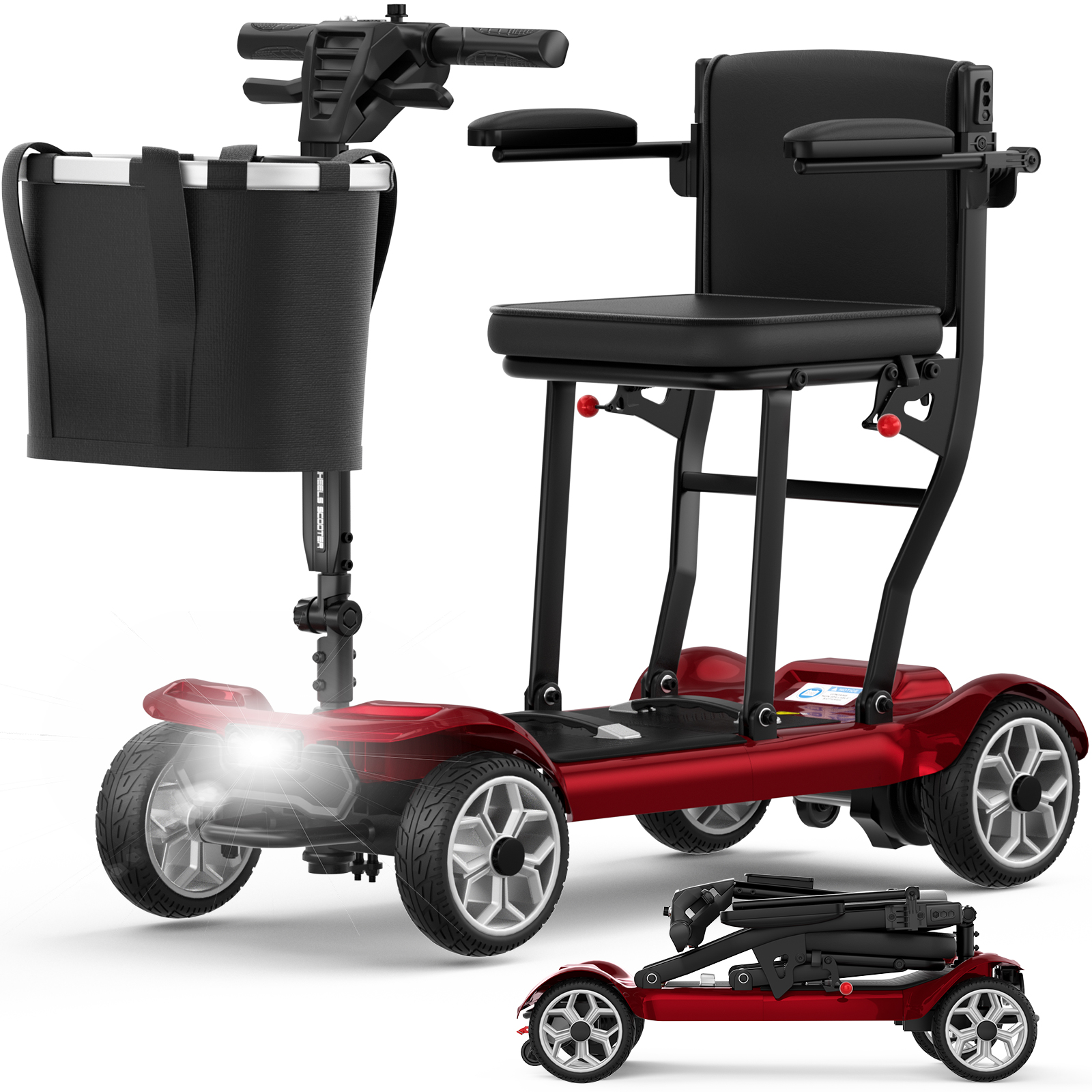 COOLHUT Ultra Lightweight 4 Wheel Mobility Scooter for Seniors (only 50lbs), 25+ Miles Travel Dual Battery Mobility Scooters, Aluminum Electric Folding Wheelchair Device, Red