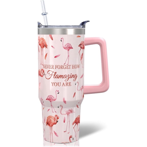 30oz Flamingo Gifts For Womens - Flamingo Tumbler Insulated Double Wall Stainless Steel Cute Flamingo Coffee Cup Tumbler with Handle and Straw Flamingo Gifts