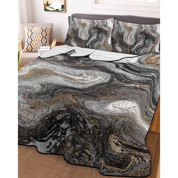 Black Marble Queen Size Down Alternative Comforter, Lightweight Comforter Quilt Bedding Set with Pillow Shams Retro Chic Abstract Mottled Texture Art All Seasons Bed Comforter Duvet Insert 90"x96"