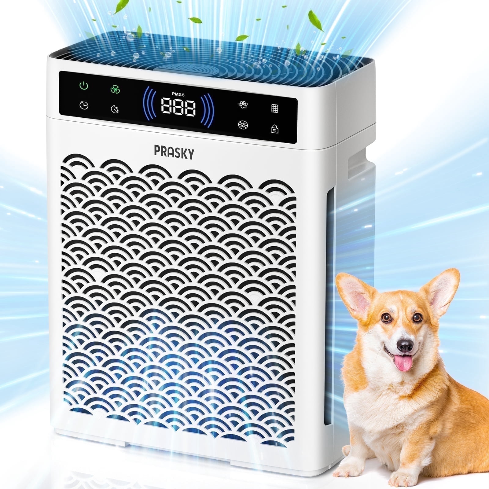 PRASKY Air Purifier for Home Large Room up to 2250 Sq ft, True HEPA Filter for Pets, Smoke & Allergies | Quiet for Bedroom (White)