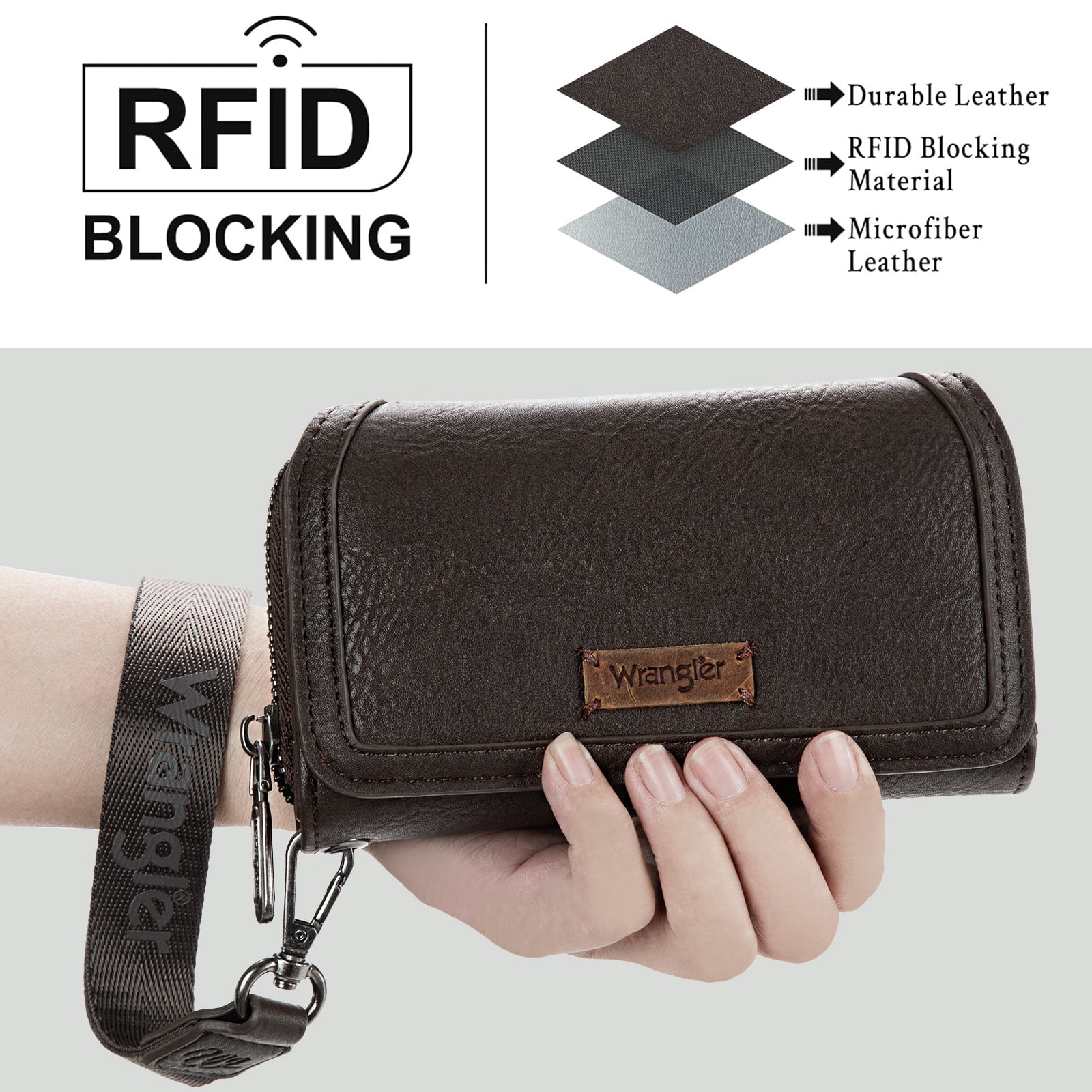 Wrangler Wallet Purse for Women Minimalist Wristlet Wallet with RFID Blocking Credit Card Holder, Coffee