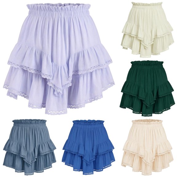 Unir Women Loose Flowy Double Tier Lace Ruffle Mini Skort Frill Elastic High Waist Built-In Anti-Chafing Short Polyester Spandex Tennis Sweet Casual Short Bottom 1PC XS-XXL Plus Size Friendly