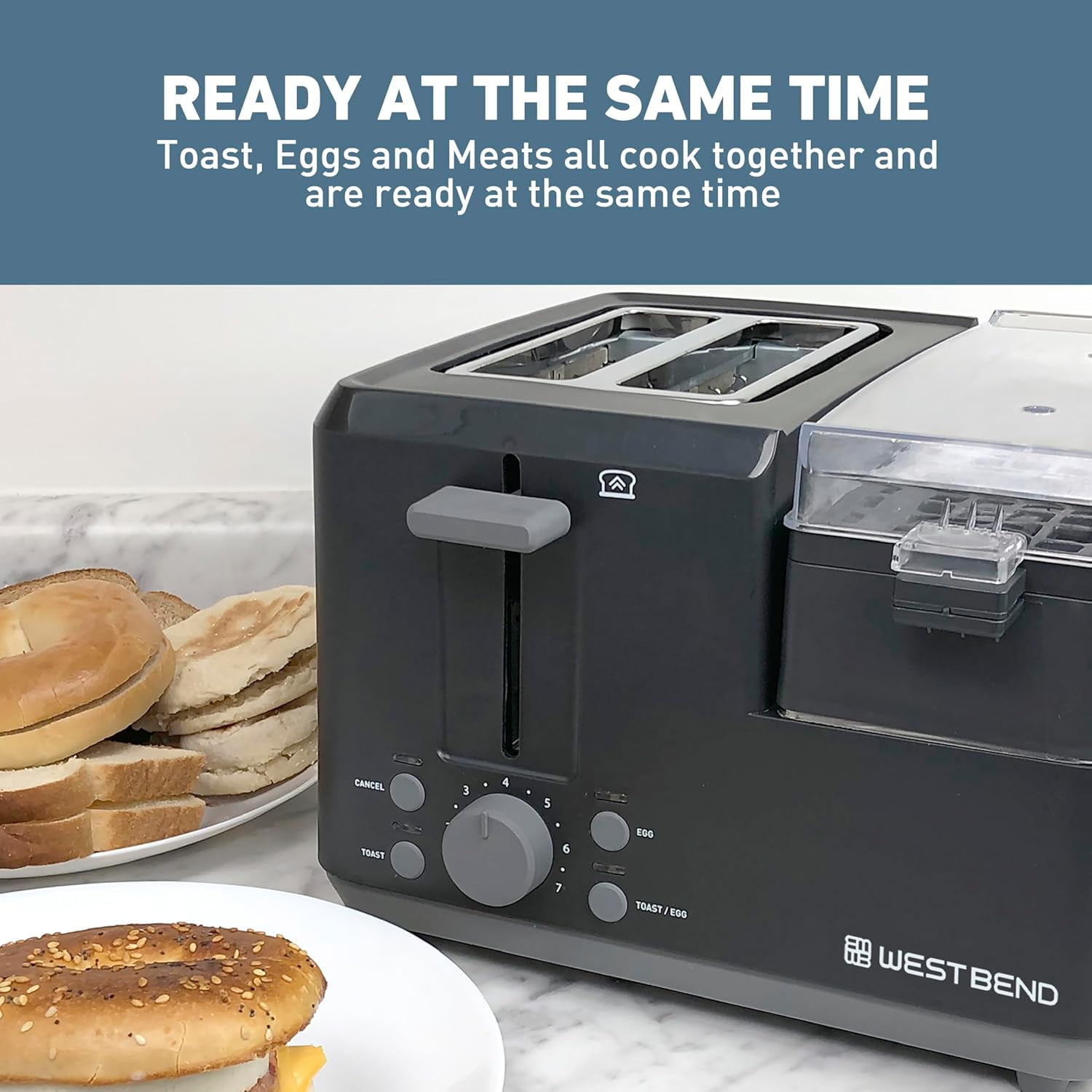 Breakfast Station 2-Slice Toaster and Egg Cooker/Poacher with Removable Pre-Cooked Meat and Vegetable Warming Tray for Perfect Breakfast Sandwiches, 1200-, Black