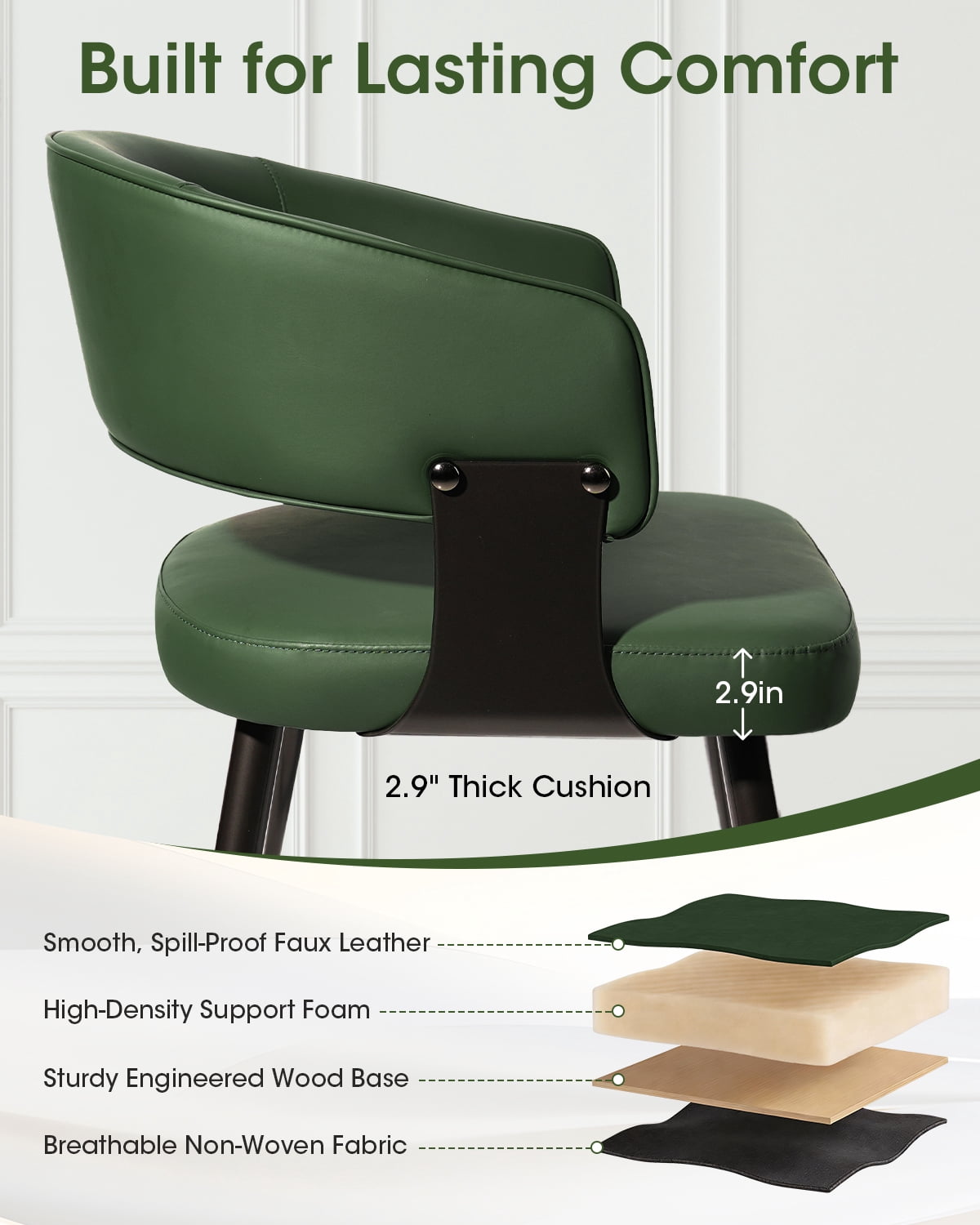 Dining Chairs Set of 4, Upholstered Faux Leather Dining Room Chair with Curved Open Back for Kitchen Living Room, Green