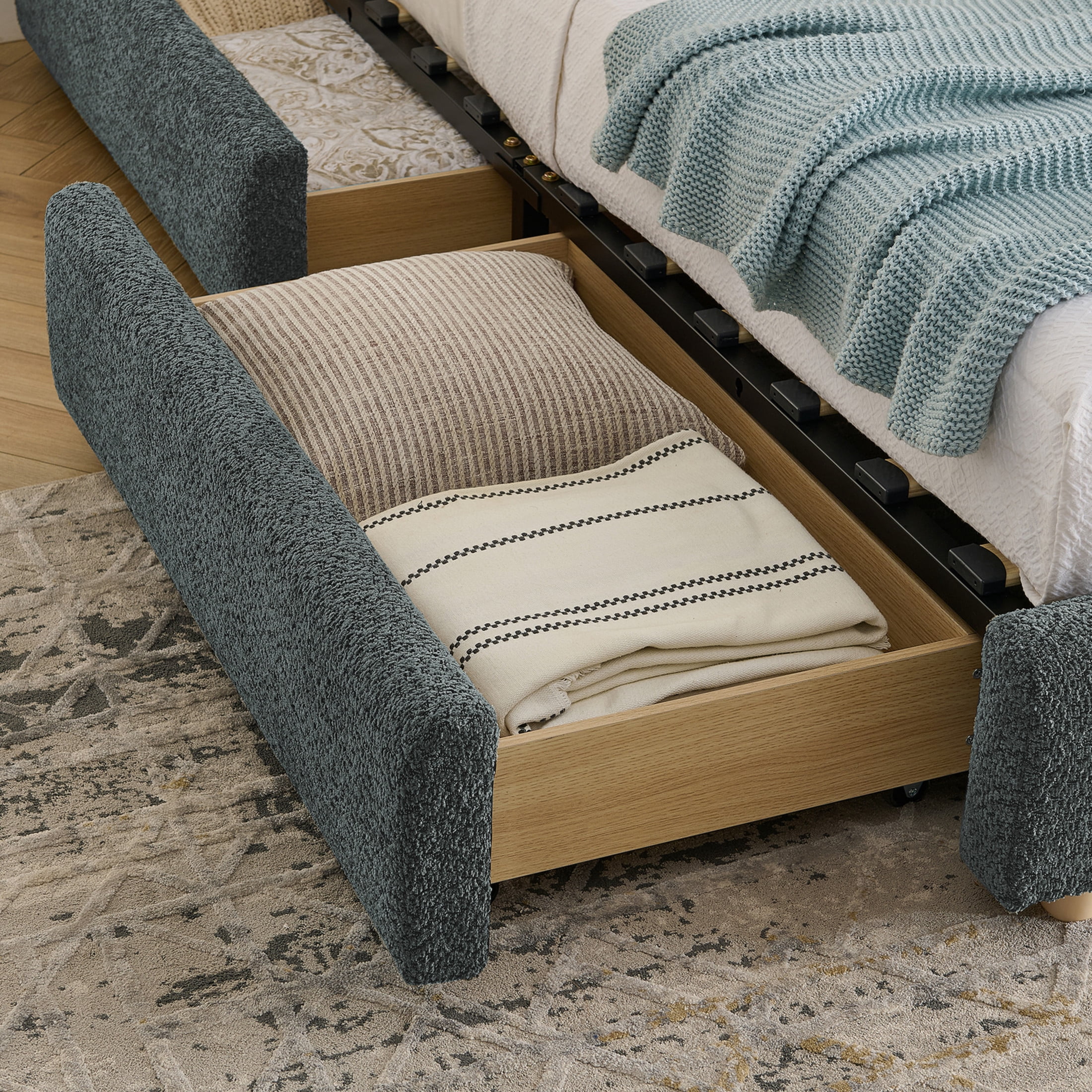 Noble House Elbert Queen Size Upholstered Bed Frame, Circle Yarn Tall Curved Headboard with Storage Drawers, Dark Gray