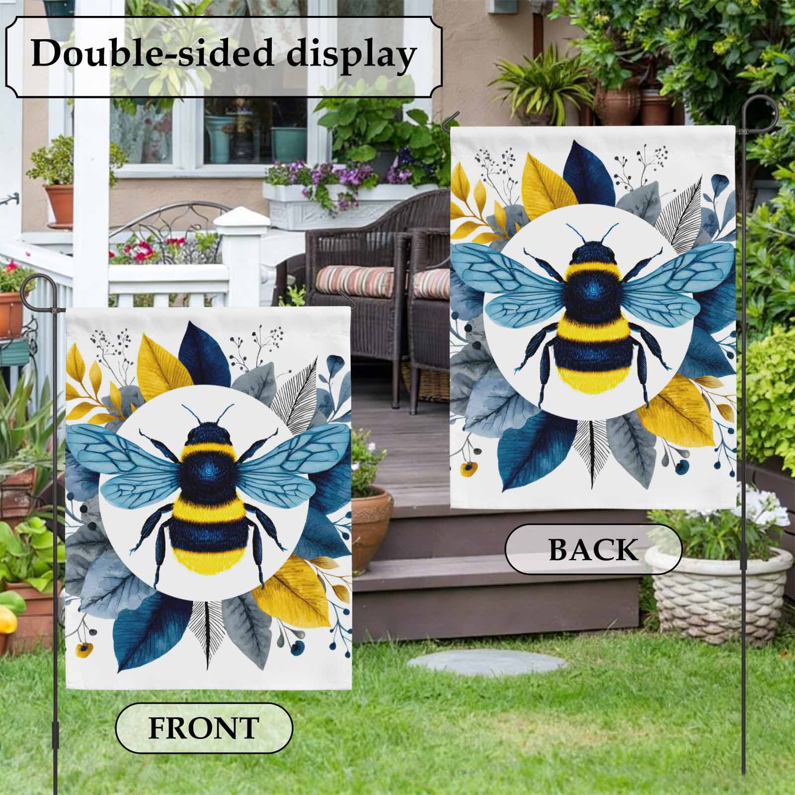 Bees House Flag 28 x 40 Inches, Gold Blue Leaves Plant Bee Weather Proof Outdoor Patio Flags Double Sided Small House Decoration for Yard Lawn Outside Home