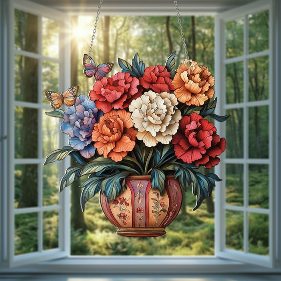 Carnation Flower Vase Suncatcher - Elegant Window Hanging Ornament with Vibrant Blooms & Butterflies, Handmade