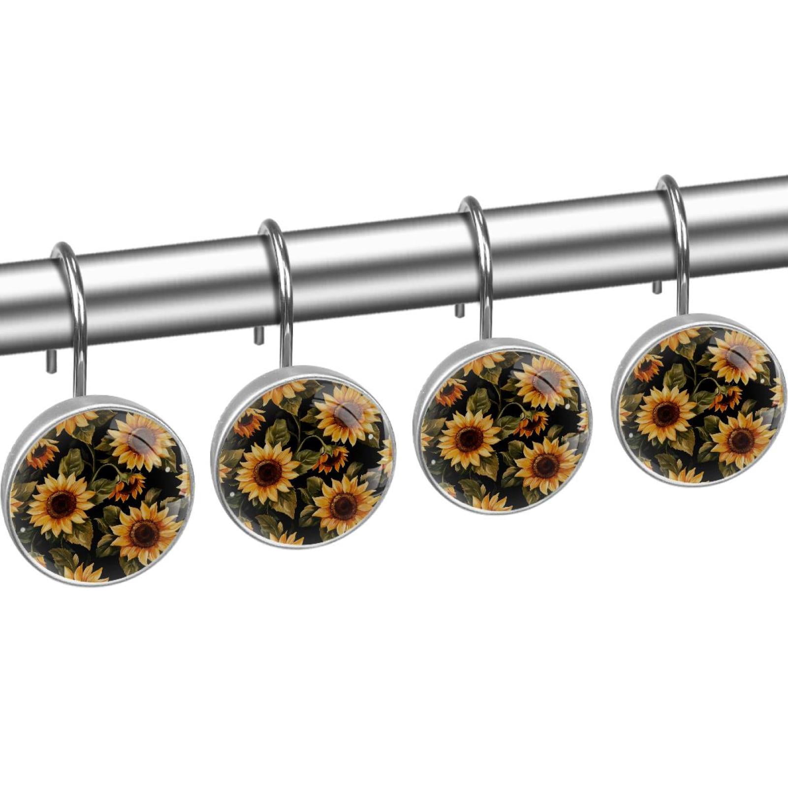 Sunflowers on Black Shower Curtain Hooks Round Crystal Glass, Set of 12 Shower Curtain Rings - Shower Hooks for Curtain Shower Rings