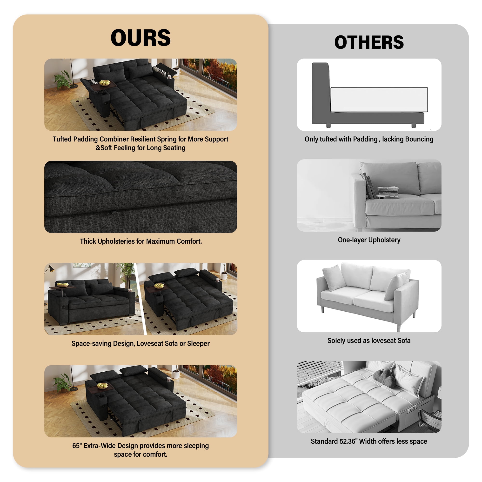 Aukfa 65"W Convertible 3-in-1 Sofa Bed with Storage, Queen Chenille Sleeper Couch with USB/Type-C Ports & Rotating Side Table,Black