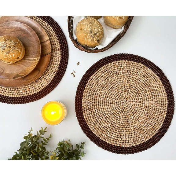 Set of 6, handmade vegan eco friendly placemat, wooden beaded tablemat, 14 inch