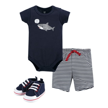 Hudson Baby Boy Cotton Bodysuit, Shorts and Shoe Outfit Set