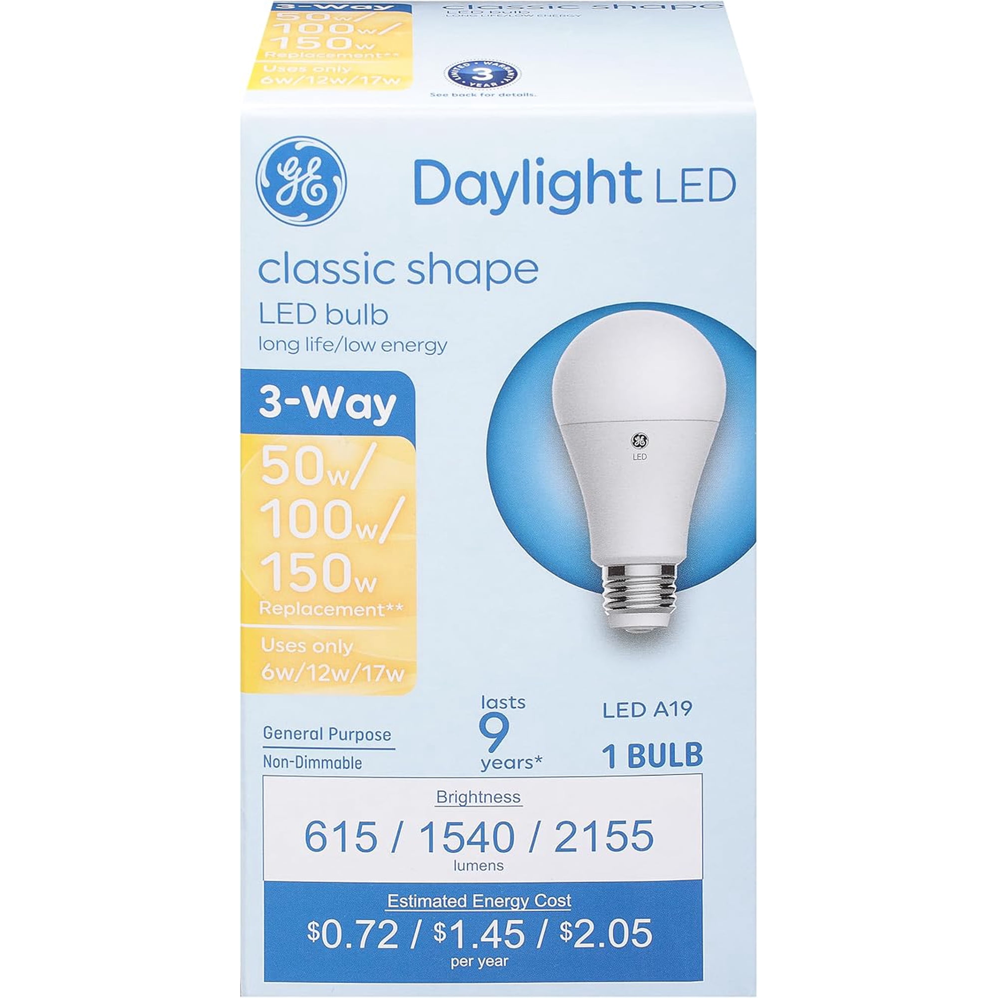 93130568 LED 3-Way Light Bulb, A19 Medium Base, Daylight, 6/12/17 Watt - Quantity 1