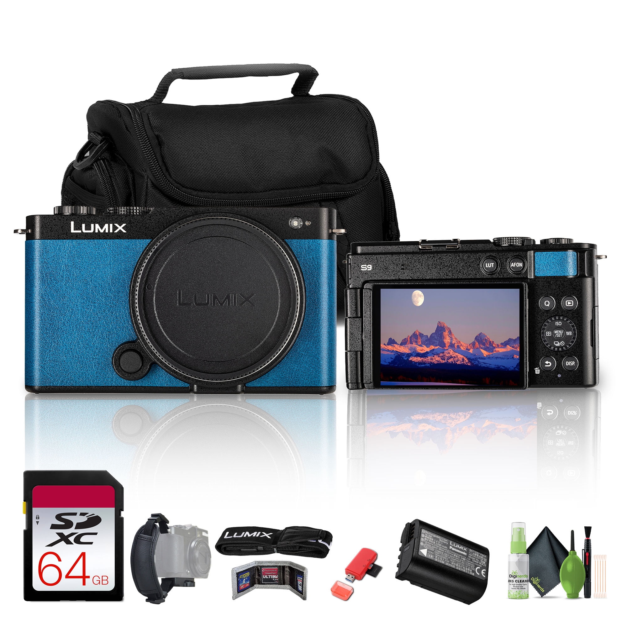 Panasonic Lumix S9 Mirrorless Camera (Blue) Bundle with 64GB SDXC Card, Travel Bag, Cleaning Kit, Hand Strap, Card Wallet, USB Card Reader, Full-Frame Vlog Kit