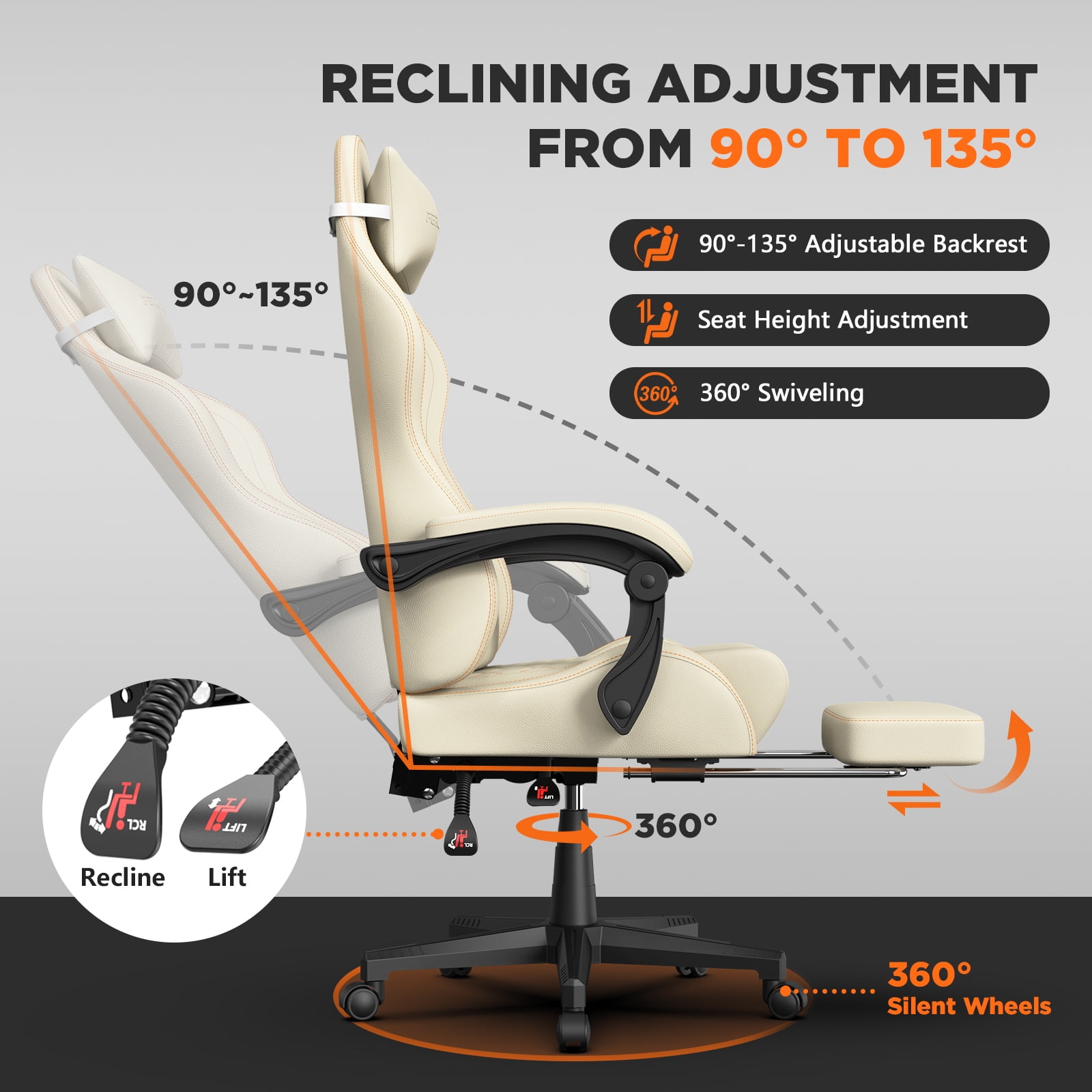 SOONTRANS Gaming Chair with Footrest, Computer Game Chair with Massage Lumbar Support & Headrest, High Back Vintage Office Game Chair for Adults, Beige