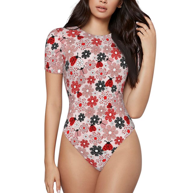 Fotbe Cute ladybugs red Body de Mujer con Cuello Redondo y Mangas Cortas, Sin Mangas Ajustado, Suave, Cómodo y Básico-Medium