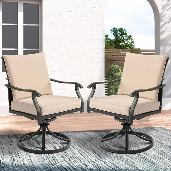 2 Pieces Patio Swivel Chair, All-Weather Swivel Rocker Chair with Armrests & Cushion, Heavy Duty Outdoor Dining Chairs, Wrought Iron Outdoor Chairs for Garden, Balcony, Deck (2 Pieces)