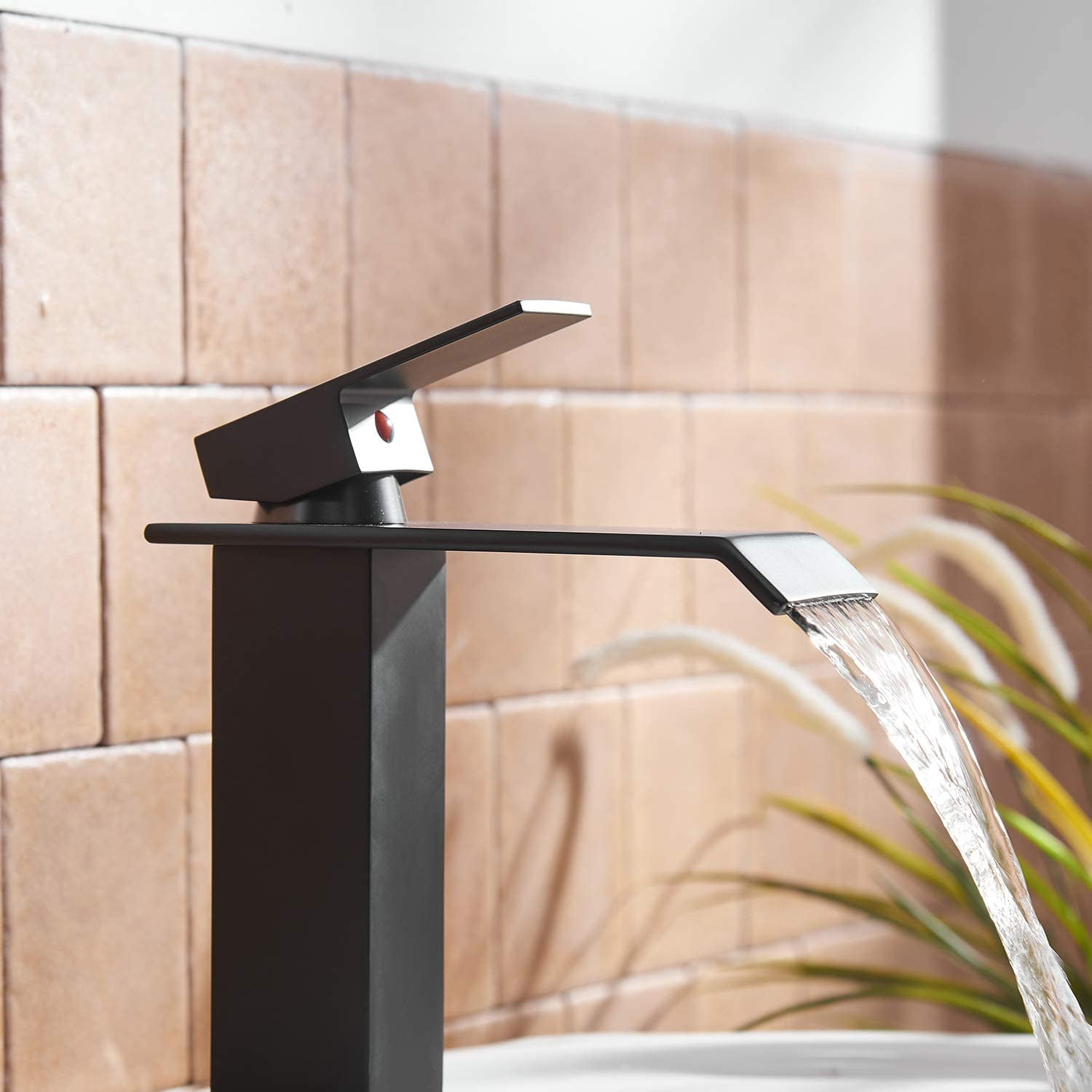 BWE Matte Black Bathroom Faucet Modern Waterfall Single Hole Bathroom Sink Faucet Parts Square Spout Bath Lavatory Vanity and Supply Hose Single Handle