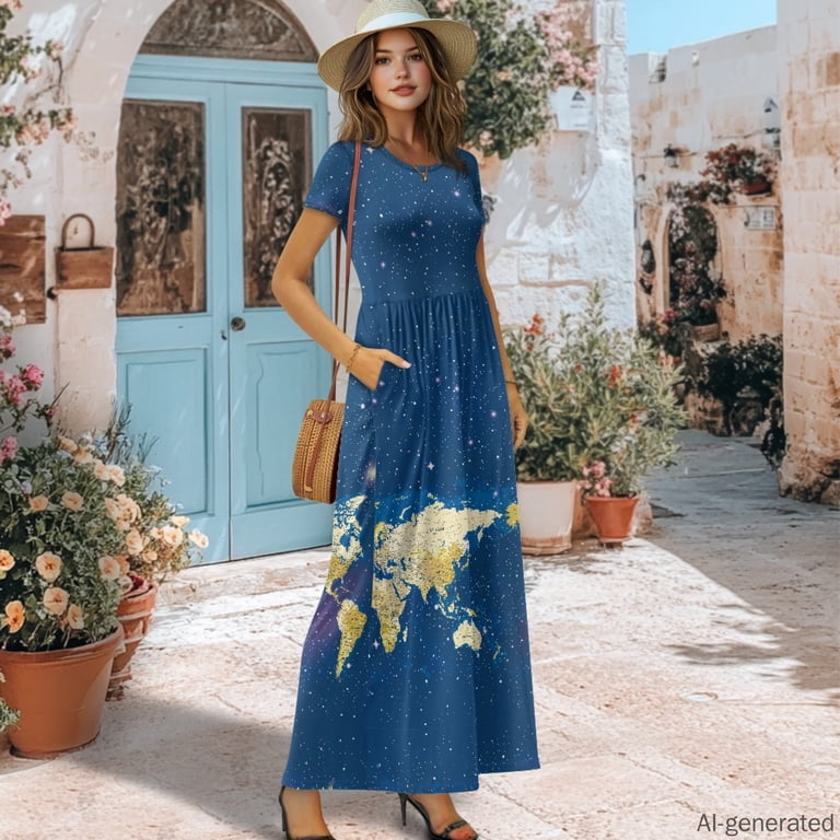 Uourmeti Elastic Long Dress, Gold World Map Design Quick Dry Comfortable Women Short Sleeve Maxi Dress for Travel Daily Dinner