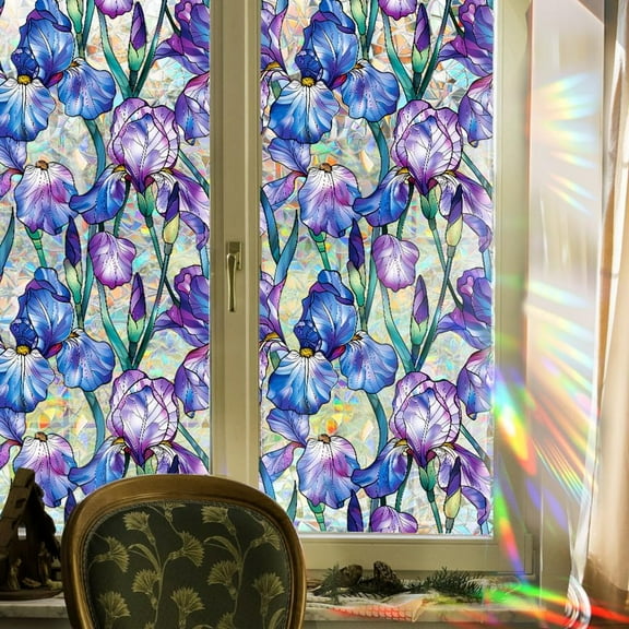 39.4x17 Inch Rainbow Window Privacy Reflective Mirror Film Blue Flower Sun Blocking Window Cling Stained Window Glass Decorative 3D Static UV Resistant Decals Non-Adhesive Sticker