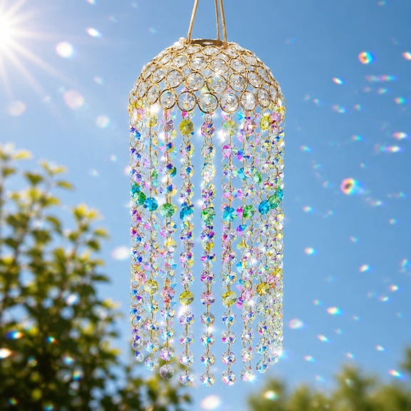 Crystal Suncatcher Hanging Prism Wind Chime, Colorful Glass Bead Window Sun Catcher with Rainbow Light Reflection, Decorative Crystal Pendant for Window Garden Balcony Home Decor Mothers Day Gift