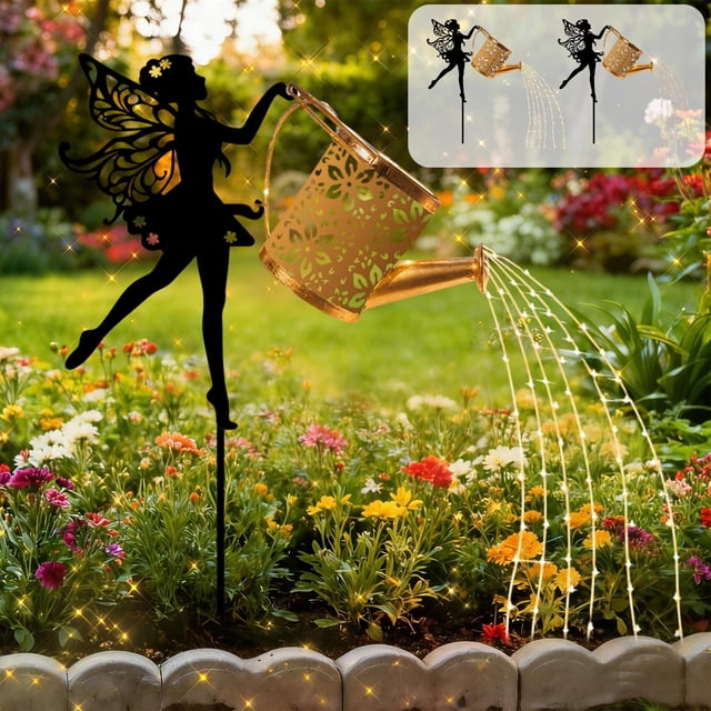 Luz de estaca para regadero solar de hadas - Luces solares de cascada de hierro, amarillo cálido y multicolor, decoración de jardín impermeable exterior de 32 pulgadas