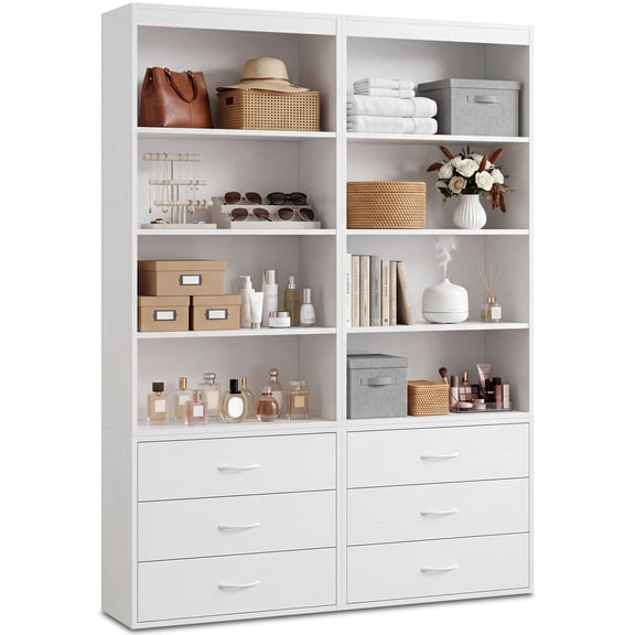 TrumanPick 70" H Tall Bookcases with 3 Large Drawers, 3 Tier Bookshelf with Storage for Living Room Home Office, White, 2 Pack