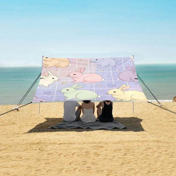 Portable Beach Tent Sun Shelter With Ground Pegs Water And Wind Resistant Sun Shade Canopy Angle Adjustable Pastel-colored Bunnies