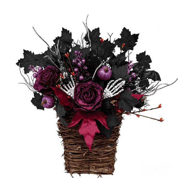 Halloween Wreaths for Front Door 15 Inch Halloween Hanging Basket Decor with Roses & Pumpkins for Wall, Porch, Halloween Party & Gift