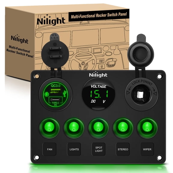 Nilight 5 Gang Multi Function Waterproof Switch Panel PD Type C and USB Socket Digital Voltmeter 12V Outlet Rocker with Inline Fuse for RVs Cars Boats Trucks Trailers Green