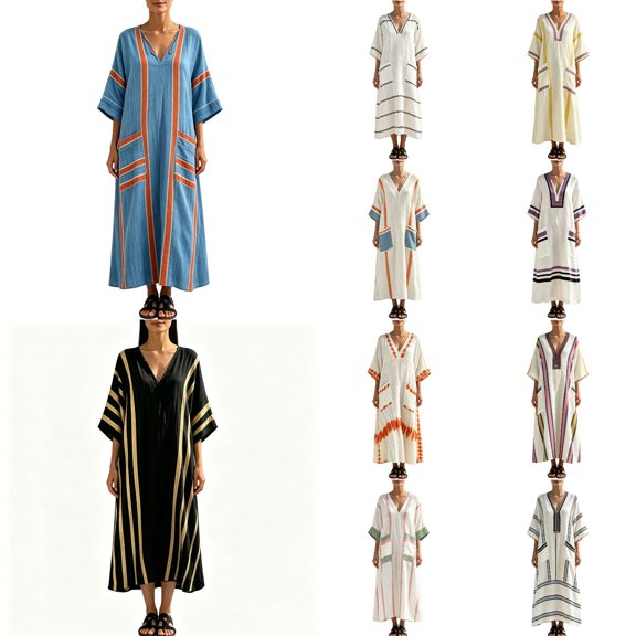 KHONTS Women's 3/4 Sleeve V-Neck Strip Oversize Linen Maxi Dress Plus Size Loose Long Dresses 10-Blue XL