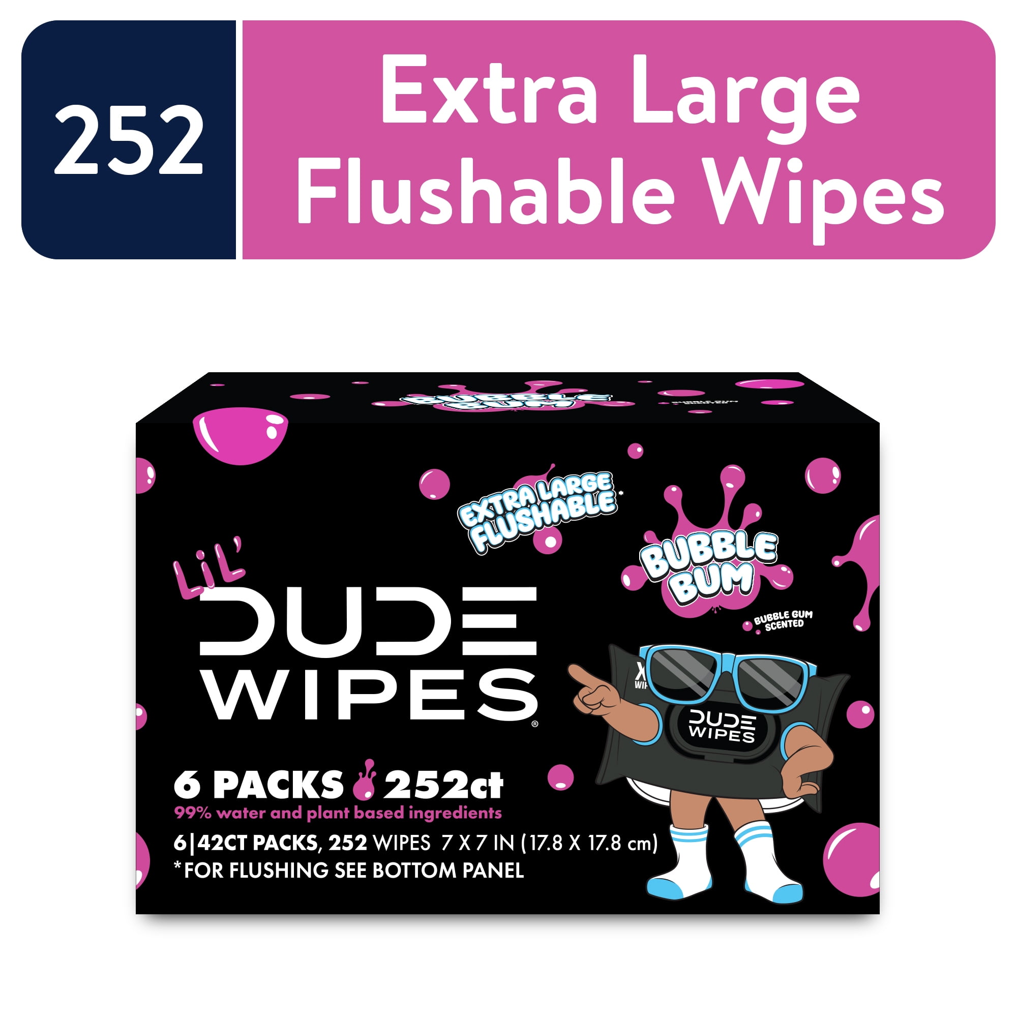 LiL' DUDE Flushable Wipes, Extra Large Bubble Bum Wet Wipes, Bubble Gum Scent, 252 Count, 6 Pack