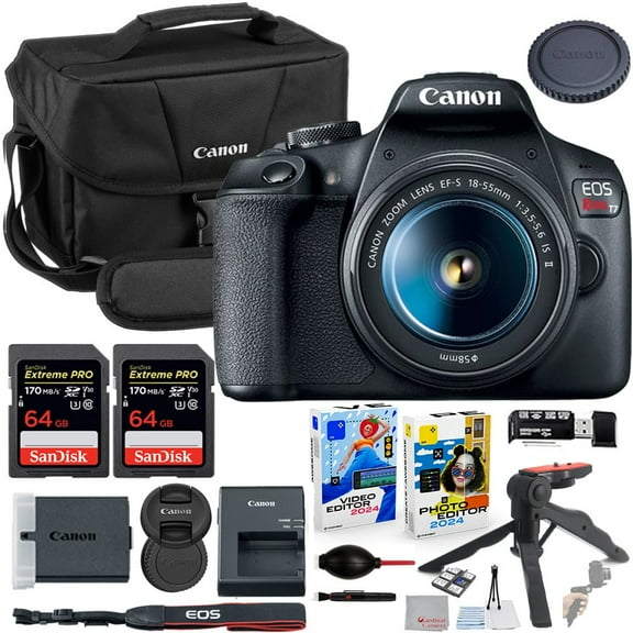 Canon EOS Rebel T7 DSLR Camera with 18-55mm Lens Bundle with Canon 200ES EOS Shoulder Bag   2X 64GB Extreme Memory Cards   Accessory Kit