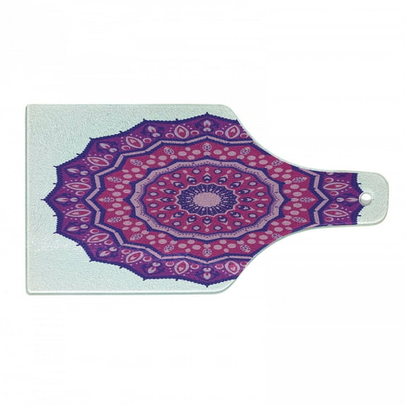 Purple Hippie Cutting Board, Artwork of Intricate Shapes Eastern Mandala Inspired, Decorative Tempered Glass Cutting and Serving Board, in 3 Sizes, by Ambesonne