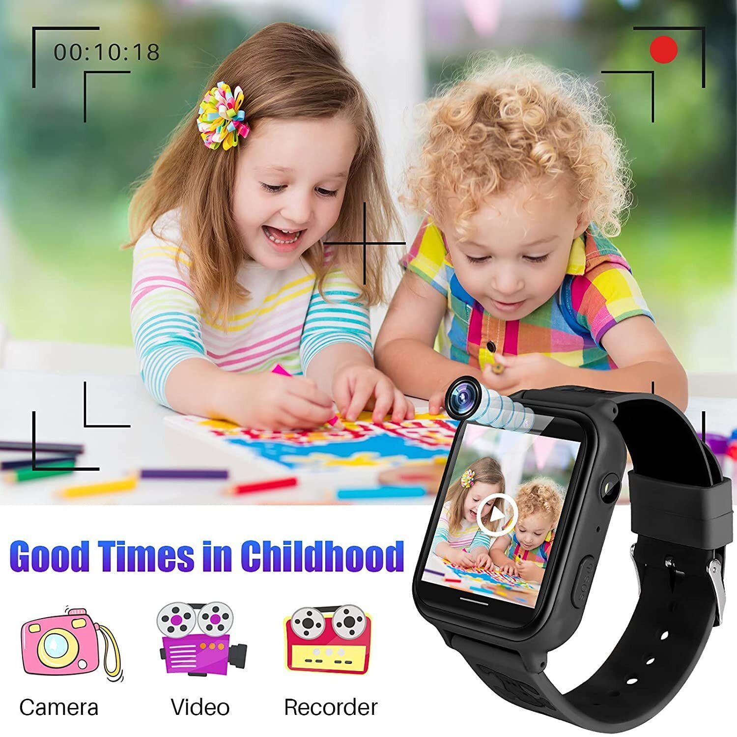 JIAN YA NA Smart Watch for Kids, Kids Watch with 10 Games Camera Music SOS Call Alarm, Birthday Gifts for Age 4-12 Boys Girls（Black）