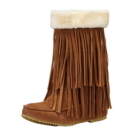 

KBKYBUYZ Womens Retro Wedges Solid Warm Tassels Boots Women Round Head Boots Shoes