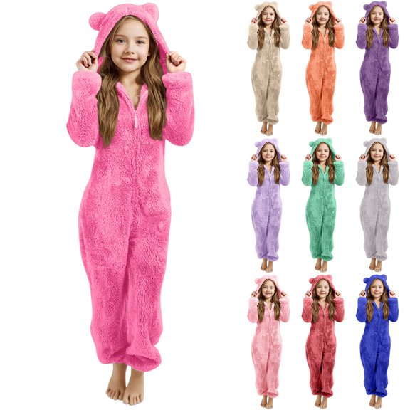 Kids Fleece Zip Up Hooded Jumpsuit Winter Costume for Girls