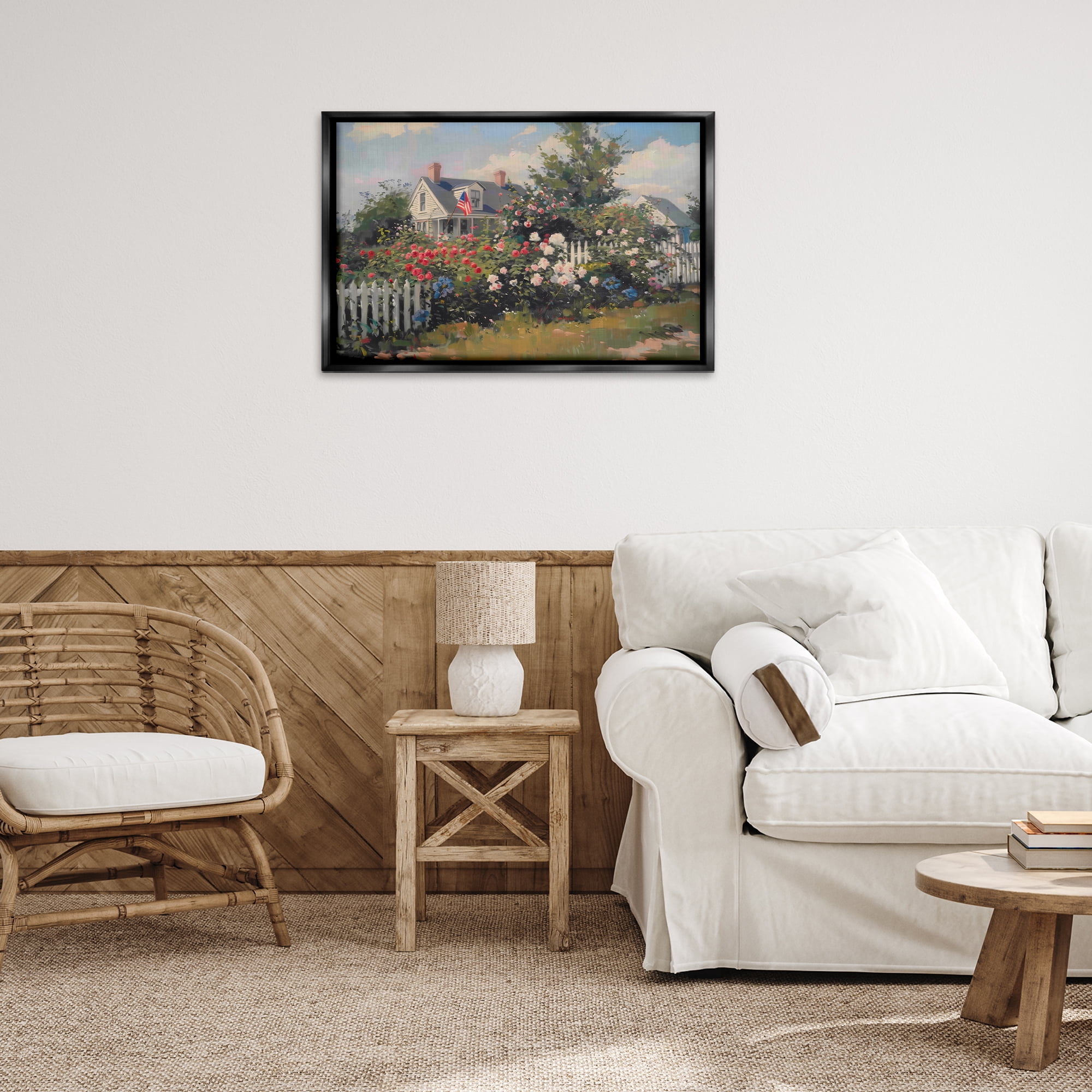 Stupell Industries Patriotic Cottage Garden Landscape & Nature Painting Black Floater Framed Canvas Art Print Wall Art, 31 x 21