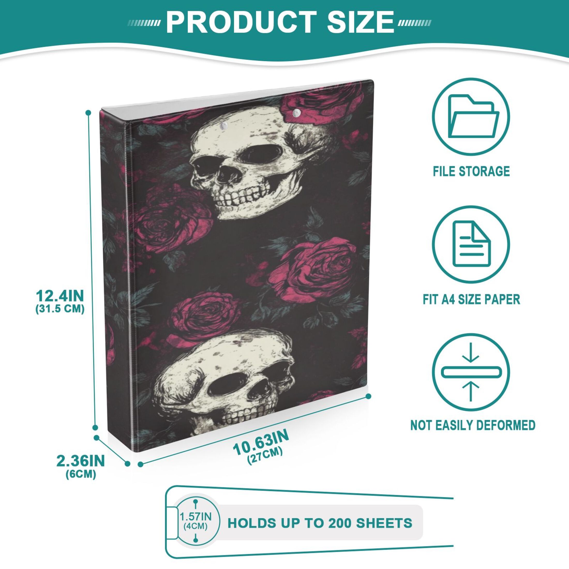 WOBOGO Skull Burgundy Roses Pattern File Folders Extra Large Capacity to Hold 200 Sheets of Documents Hard Shell Ring Binder for School Home Office
