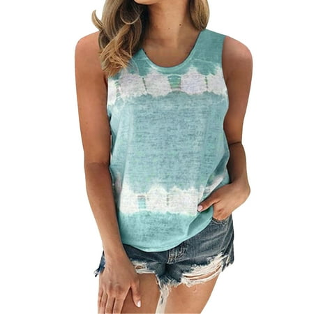 DondPO Tank Tops for Women Going Out Tops Womens Plus Size Summer Spring Summer Sleeveless Tie Dye Print Patchwork Crew Neck Tanks Tops(S 5XL) Corset Tops for Women Graphic Tees for Women Green XL