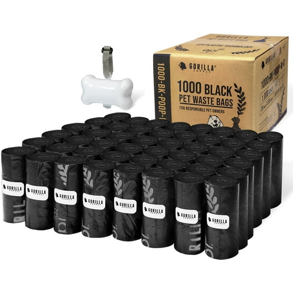 Gorilla Supply Dog Poop Waste Bags with Dispenser and Leash Tie 9"X13", Black, 1000 Count
