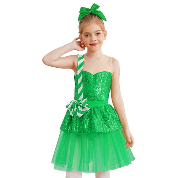 TSSOE Kids Girls Shiny Sequins Christmas Dance Tutu Dress Xmas Party Dress Ups Santa Claus Clothes Green 8