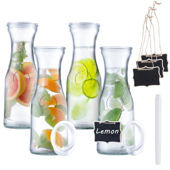 4pcs Glass Carafes Pitchers, 34 oz Glass Carafes Set, Clear Water Carafe with Lid and Label, Large Beverage Carafe, Juice Containers for Water Iced Tea Juice Lemonade Milk Cold Brew