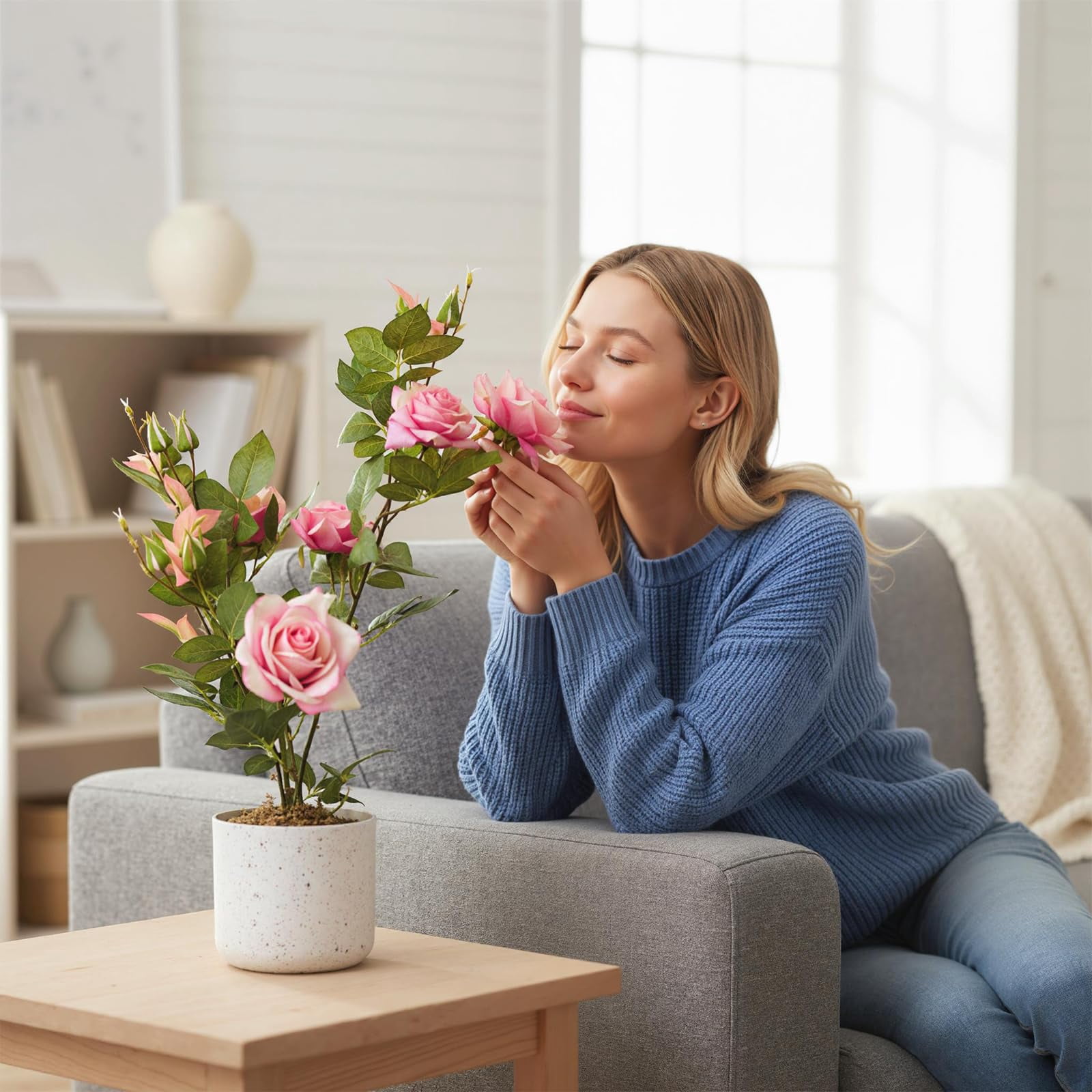 QinaQin Set of 2 Artificial Curled Pink Rose Trees – Lifelike Silk-Like Blooms in White Pots – Faux Indoor Outdoor Decorative Plants for Home, Office, Porch, Patio – Pink, Curled Rose, 54cm, Two