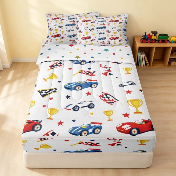 Erosebridal Cartoon Car Zipper Twin Comforter Sets with Fitted Sheet and 2 Pillowcases, Trophy Zipper Bedding Set, White Red, Polka Dots Reversible