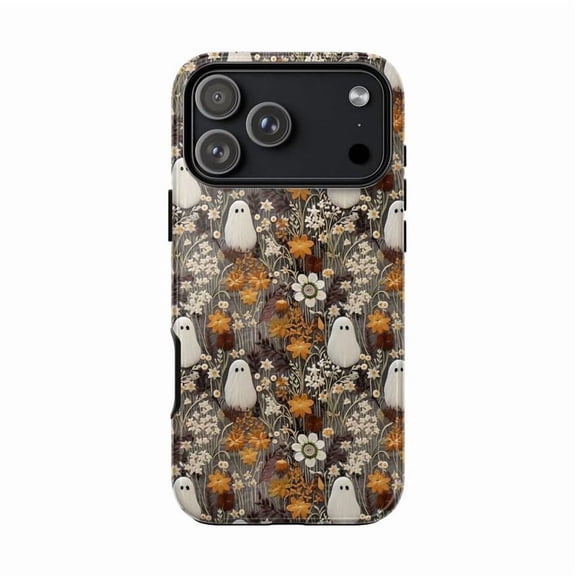 Floral Ghost Pattern Phone Case, Autumn Halloween Botanical iPhone Cover, Cute Spooky Protective Case for iPhone 17 16 15 14 13 12 11 Pro Max Mini
