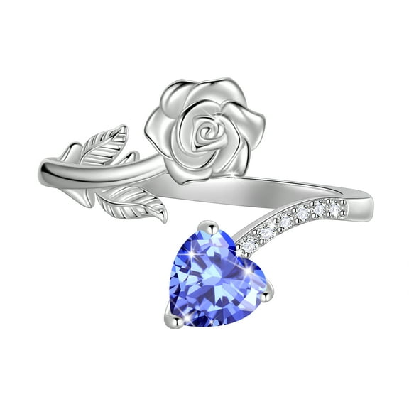 Beautlace Rose Heart Birthstone Ring,925 Sterling Silver Adjustable Open Heart Rings Jewelry Gifts for Women Mom -December